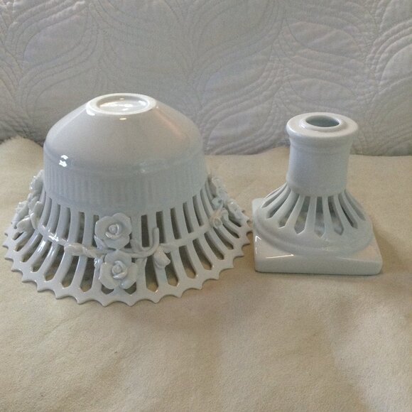 2 pc Pedestal and Basket, Woven (Reticulated) Porcelain, Glossy, Applied Roses - Picture 8 of 9